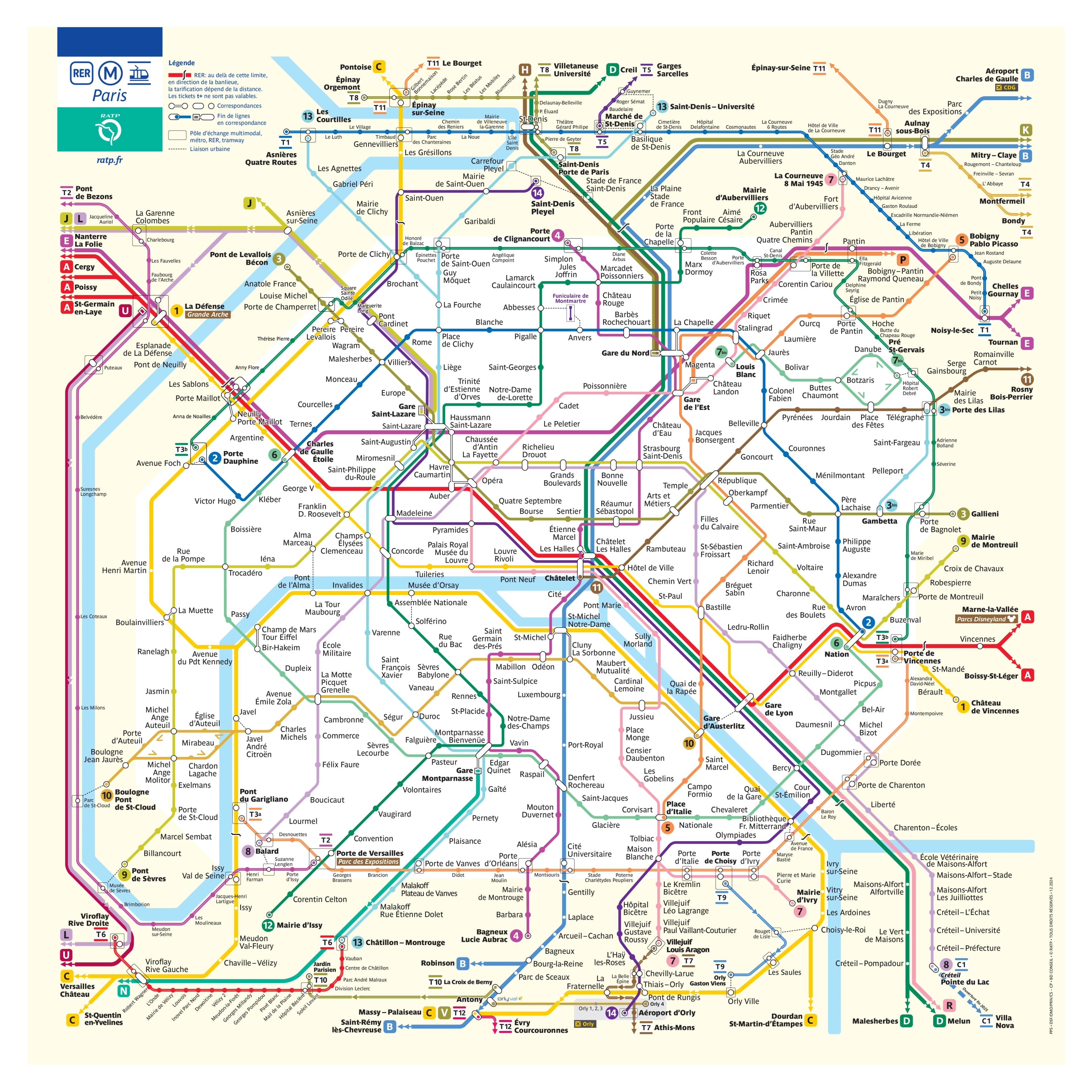 Paris Metro Map showing all 16 lines